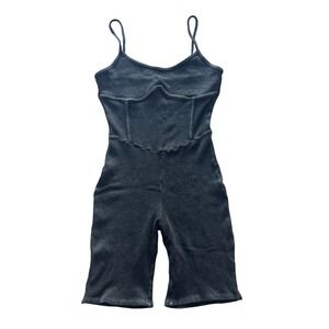 Womens Ribbed Corset Bodysuit Romper Shorts Dark Gray Spaghetti Strap Large